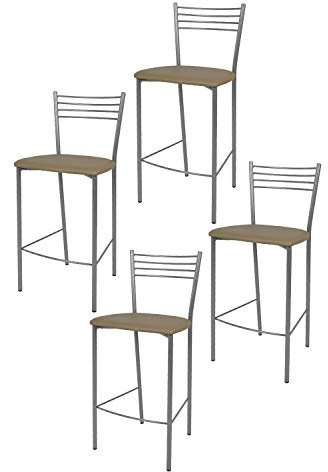 Tommychairs - Set 4 tabourets ELENA pour cuisine, bar et salle à manger, robuste structure en acier peindré en couleur aluminium et assise rembourrée et revêtue en cuir artificiel couleur cappuccino