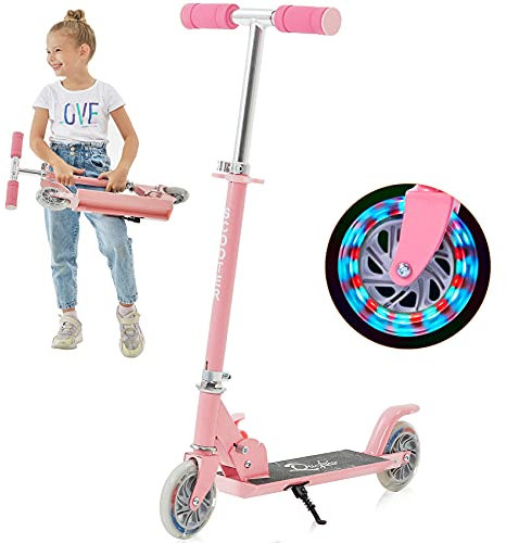 Yuanj Scooter Roller Kinder 6 Jahre, Höhenverstellbarer Scooter Kinder mit LED PU Räder, Kinder Roller für Mädchen ab 3-8 Jahre Tretroller Kinder- Rosa