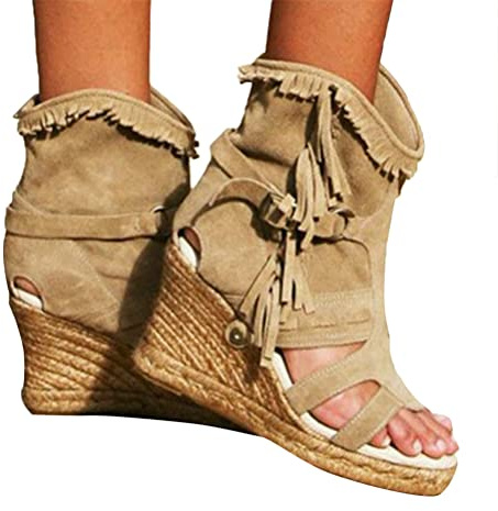 Minetom Sandalias con Borlas para Mujer Tacón De Cuña Sandalias Romanas De Gladiador Bohemio Sandalias De Verano Botines Zapatos De Playa A Caqui 38 EU