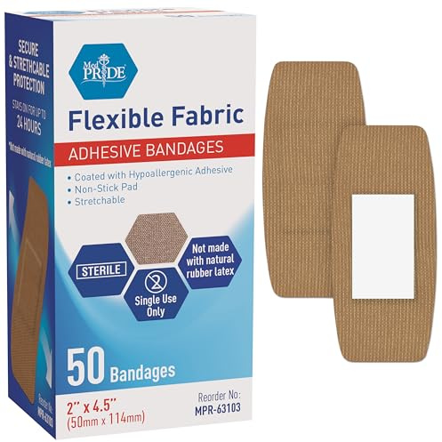 MED PRIDE Sterile Hypoallergenic Fabric Adhesive Bandages, Latex Free, Individually Wrapped, Flexible and Breathable (2” x 4.5'' - 50 Count)
