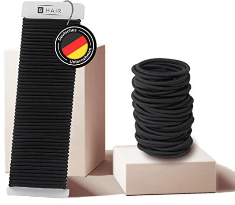 B HAIR | 50 Haargummis | Schwarz, elastisch, metallfrei | für Frauen (Damen), Männer (Herren), Mädchen und Jungen | Haarband für alle Haare und Zopfarten | 4 mm dick | 4,5 cm Durchmesser