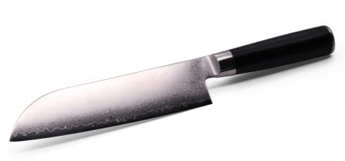 Franz Messer Damastmesser Santoku (Klinge 17,3 cm) aus japanischem Damast-Stahl Extrem scharfe Klinge (handgeschliffen) - Küchenmesser mit G10-Griff, Klingenschutz, Schwarz