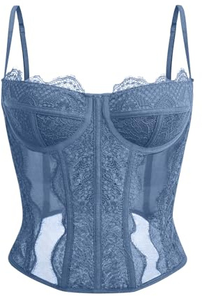 Dealmore Corset Tops For Women Going Out Lace Mesh Date Night Fall Fashion Outfits Clothes Crop Cute Party Strap Tank Blue Small