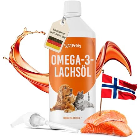 Lachsöl Hund & Katze – 1L Salmon Oil for Dogs – 100 % Wildlachsöl aus Norwegen – Lachsöl Hunde & Katzen – Omega 3 6 9 & Vitamin E – inkl. Pumpe – Kaltgepresst & Bio-Qualität