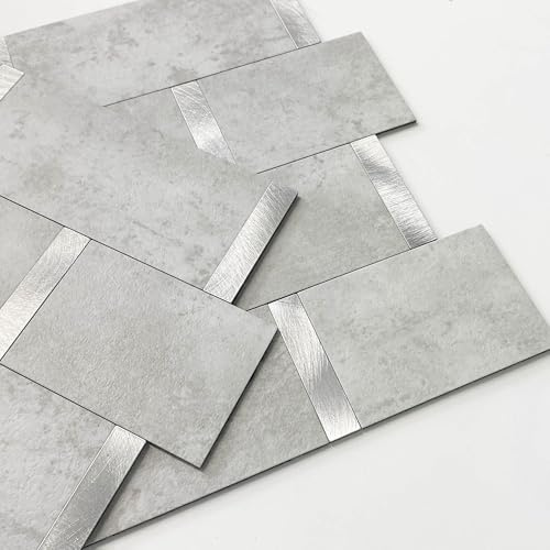 M MOFIT Metro Fliesen Selbstklebend Küche,Marmor Selbstklebend Wandfliesen Metall Fliesenaufkleber Bad Wasserdicht Hitzebeständig Große Fliesen Wand(5 Matte,Grau)