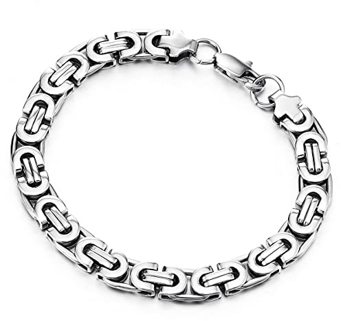 COOLSTEELANDBEYOND Bracelet Homme Femme en Classique Acier Inoxydable - Couleur Argent - Tresses Byzantine Chaîne Bracelet - Poli Mirro