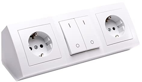 Eck-Steckdose 2-Fach Schuko und 2 Schalter, Aufbaumontage mit 15 cm Anschlusskabel und Lüsterklemme für Küchen-Arbeitsplatte, Büro, Werkstatt, 230V/ 50 HZ (weiß)