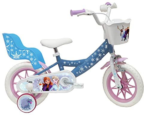 Vélo ATLAS Bicicleta de 12 Pulgadas para niña de Frozen con 1 Freno, Cesta Delantera, portamuñecas traseras, Guardabarros, cárter y estabilizadores, Azul Cielo