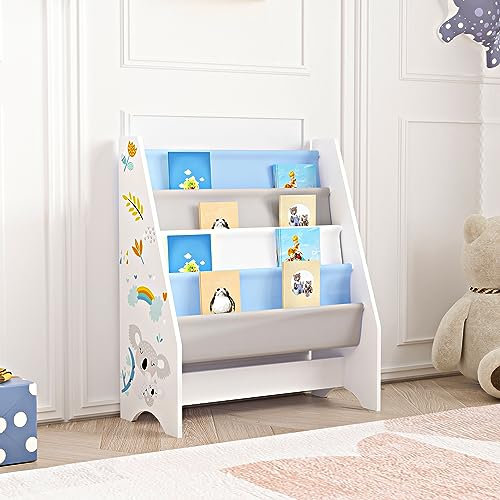 [en.casa] Kinderregal Fisterra Kinder-Bücherregal freistehend mit Koala-Motiv 74 x 62 x 29 cm Kinderzimmerregal mit 4 offenen Ablagefächern Bücher-Organizer Weiß/Grau/Blau
