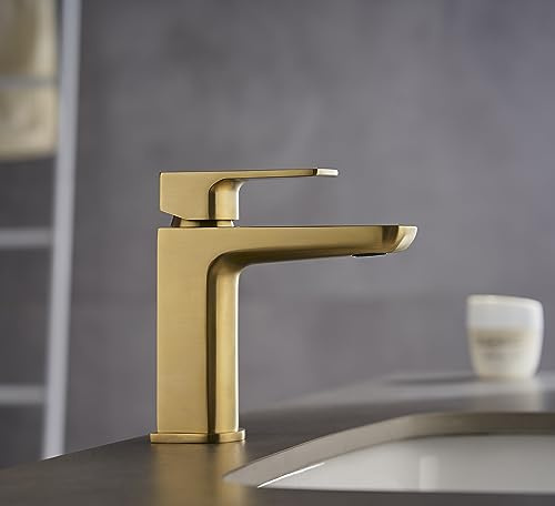 KINGBATH™ Single Lever Mini Mono Basin Mixer Tap with Click Clack Sprung Waste Bathroom Sink Hot and Cold Faucet Solid Brass Modern Brushed Brass Gold Easy to Fit/Install