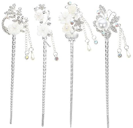 FRCOLOR Forcina Per Con Nappa A Forma Di Fiore Stile Vintage Copricapo Cinese Set Da 4 Pezzi Bastoncino Per Con Ciondolo Tradizionale