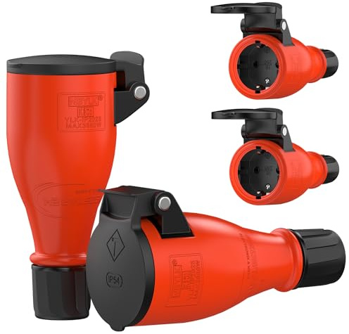 RedStar24 Schuko Kupplung 230V IP54 4er Set Robuste Steckdosen 16A & 3,7kW | Ideal Outdoor Anwendungen | Automatische Federabdeckung, Einhandbedienung |3-Polig, Gummi & Kunststoff, Schwarz Rot