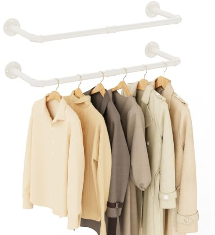 Yawinhe 80cm Kleiderstangen für die Wand,2 Pack Garderobenstangen,Creme | Industrieller Rohr-Kleiderständer zur Wandmontag;Kleidergestell für Zuhause;Platzsparend Küchenregal; Wandhalterung Kleidung