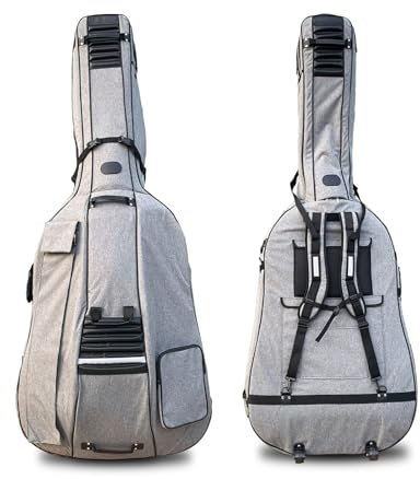 WUQIMUSC Kontrabass-Tasche mit Rädern, 3/4 aufrechter Bass, Gigbag aus Oxford-Stoff, verdicktes Futter, mehrere Aufbewahrungstaschen mit stabilen Griffen und Gurten (grau)