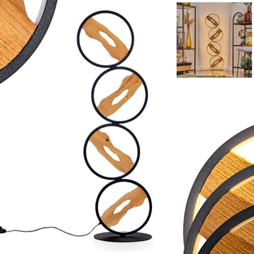LED Stehleuchte Cornol, Stehlampe aus Metall/Holz in Schwarz/Natur, Retro/Vintage-Design mit runden Schirmen (Ø 27 cm), dimmbar über Fußschalter, 30 Watt, 2900 Lumen, 3000 Kelvin