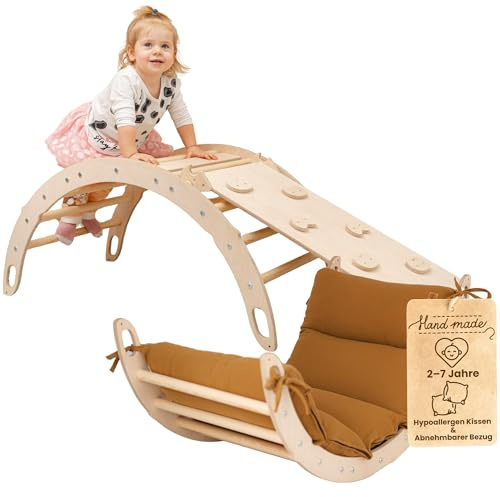 WoodsCraft Kletterbogen mit Kissen & 2in1: Rutsche Indoor/Kletterrampe | mit hypoallergen Kissen für Kletterbogen, holz Montessori Klettergerüst indoor spielgeräte, Babyrutsche & Rampe