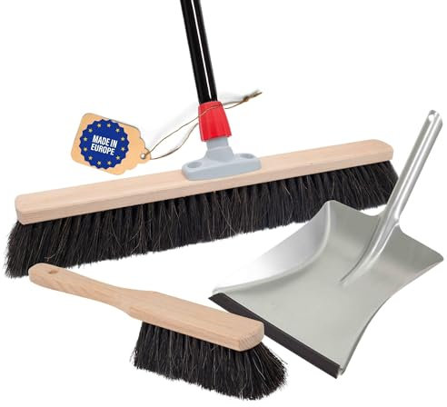 Novaliv Balai de salle de 50 cm avec manche, poils et balayette en crin de cheval avec balai galvanisé avec lèvre en caoutchouc composé d'une pelle et d'une balayette à main - Idéal comme balai