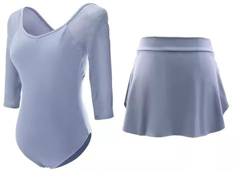 WABMJGW Schwarzer Tanz-Trikot für Damen, mit Rock, Ballett-Trikot mit 3/4 Langen Ärmeln, Mädchen-Gymnastik-Trikots, Nylon-Stretch, atmungsaktiv, Sport-Yoga-Trikots, Tanzkleidung,Light Grey-XL