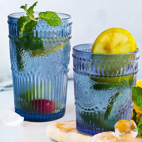 Loivttvv Lot de 12 verres highball vintage bleus de 384,5 g et verres côtelés en relief pour cocktail, eau, jus, café, whisky