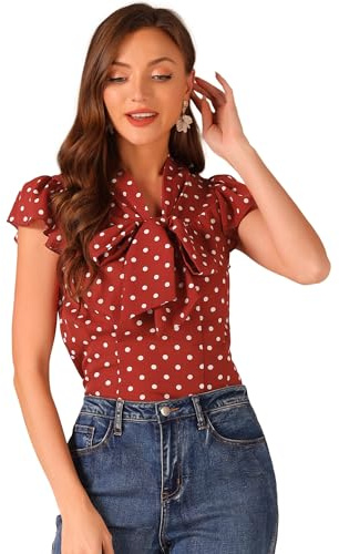 Allegra K Femmes Chemise Bureau Pois Chemisier Col Noué Manches Volants Rouge XL