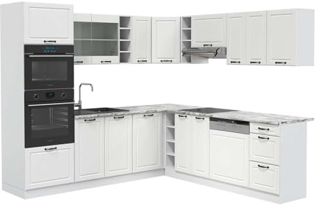 Vicco Eckküche R-Line, Weiß Landhaus/Weiß, 247 x 237 cm, AP Marmor, für Flexible Anordnung und modulare Erweiterung