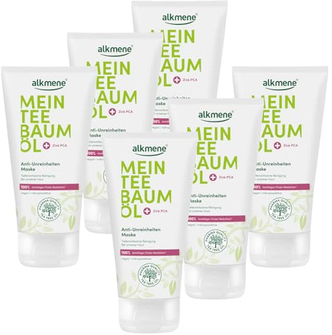 alkmene Teebaumöl Maske gegen Pickel, Mitesser & Unreinheiten vegan | 6x 75 ml - 100% bestätigen Pickel Reduktion - Gesichtsmaske Männer & Frauen, Gesichtsmaske Mitesser Maske Männer