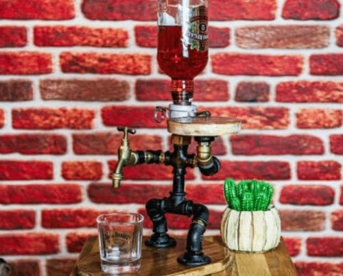 Alcohol Whiskey Wine Liquor Dispenser,Wooden Base Industrial Table Lamp,Steampunk Waiter/Waitress Robot Decor Whiskey Holder, Rustic Style, Bar Accessories for Home Bar (Not, Personalised Base)
