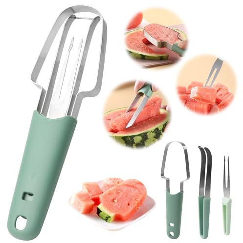 Melonenschneider, 3 In 1 Wassermelonen Obstschneider, Wassermelonen Gabelschneider, Edelstahl Wassermelonen Gabel-Schneidwerkzeug, Kitchen Gadgets Obstgabeln Schneidemesser Melonen Schneider