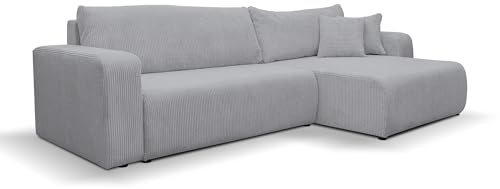VENASI MÖBEL Ecksofa mit Schlaffunktion Luna XL, Grau Cordstoff | Sofa mit Bettkasten, Schlaffläche 125 x 230 cm, inkl. Kissen & Aufbauanleitung