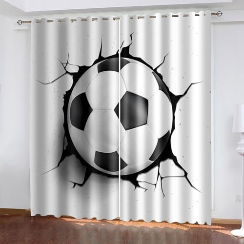 Fußball Blickdichte Vorhänge mit Ösen Gardinen 2er Set, Verdunkelungsvorhang Thermovorhang Hitzeschutz, Ball Drucke Ösenvorhang für Schlafzimmer Wohnzimmer Kinderzimmer 150 x 166 cm (B x H)