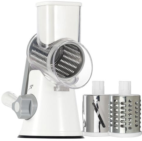 Rallador de Queso Giratorio, Picador de Verduras 3 en 1, Cortador de Queso, Cortador de Verduras en Espiral, con 3 Cuchillas de Acero Inoxidable, para Verduras, nueces, Zanahoria, ajo, Nuez