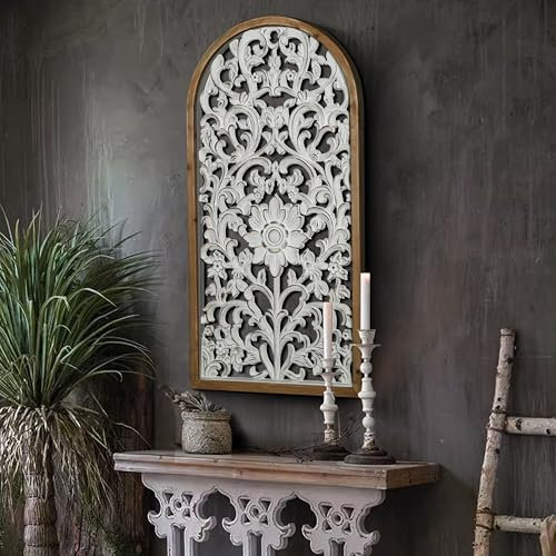 WREVERW Sculpture murale décorative avec cadre en bois rustique, motif floral arqué sculpté à la main avec finition blanche vieillie, panneau d'art mural vintage bohème pour salon, chambre à coucher,