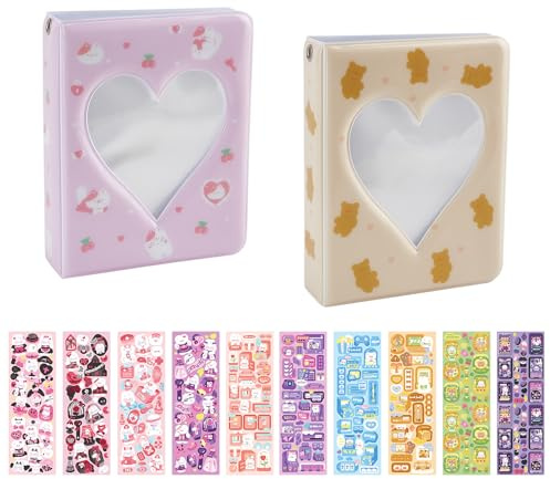 NICENEEDED PhotoCard Holder Set, 2 Pack Mini Photo Album 40 Pockets Love Heart Hollow Photocard Binder, Kpop Photocards Holder Book With Stickers for Collecting Photos Pictures