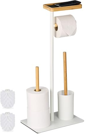 Relaxdays WC Garnitur, Bambus, Eisen, freistehender Klopapierhalter, Toilettenbürste mit Bürstenhalter, weiß/Natur | freistehender Klopapierhalter, Toilettenbürste mit Bürstenhalter