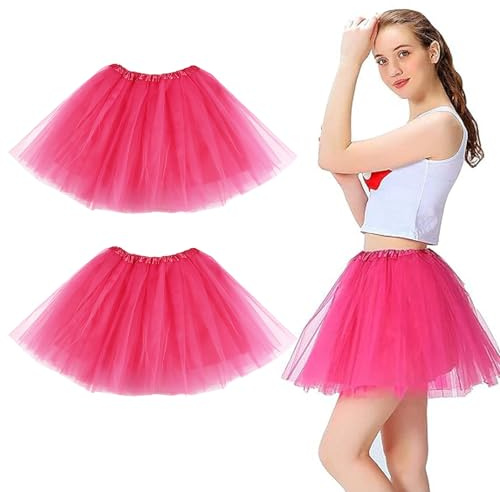 TenaLucy 2 Stück Tüllrock Damen,Tütü Damen Tüllrock Karneval Petticoat Karneval Damen Ballettrock Rockabilly Petticoat Retro,Pour 50er 80er Cosplay Prom Party Zubehör (Rosenrot)