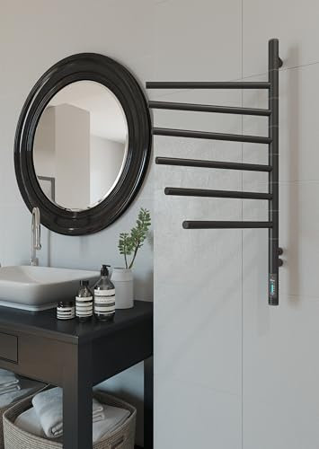 Scaldasalviette elettrico, 78 W, 79 x 40 cm, colore nero opaco, con timer e termostato, 6 bracci girevoli, IP44, montaggio a parete