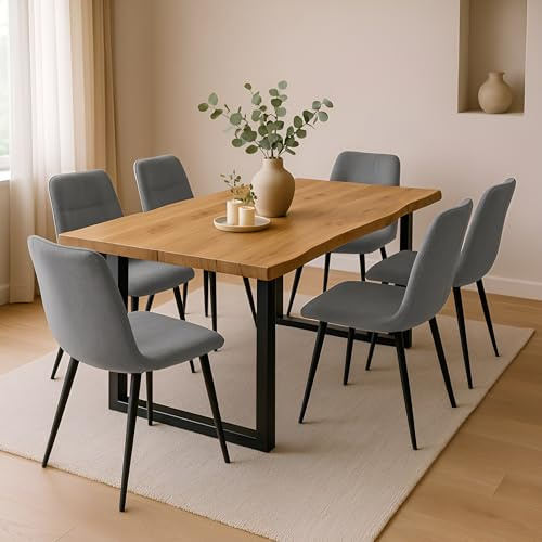 SAM 7 TLG. Essgruppe Josy | 140 x 80 cm | Holz Wildeiche-Optik | Stuhl Set Susi Grau | U-Gestell Schwarz | Esstisch mit 6 Stühlen | Esszimmertisch/Küchentisch/Holztisch | Esszimmer