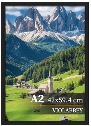 VIOLABBEY Bilderrahmen A2 Schwarz, Picture Frame 42 x 59.4 cm | Bilderrahmen Din A2,Geeignet für Zertifikate, Urkunde, Kunstwerke und Fotos,für horizontale oder vertikale Wandmontage