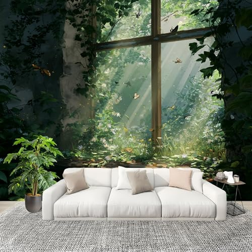 La Luz Del Sol En El AlféIzar de La Ventana Fotomurales 250x175 cm Papel Pintado Tejido No Tejido Fotomural Verde Efecto 3D Papel Tapiz Decorativos para Dormitorio Salón TV Pared Murales Póster