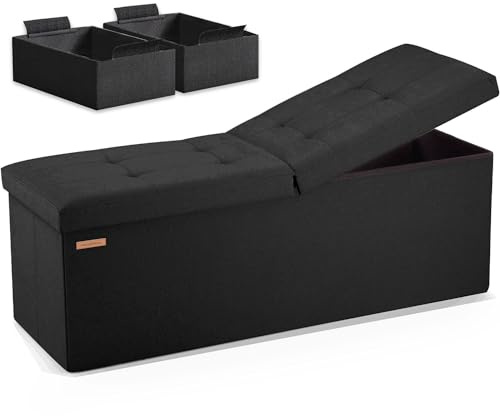 HAUSFRAU Sitzhocker mit Stauraum Sitzbank Hocker klappbar Aufbewahrungsbox, bis 300 kg belastbar, Fußbank für Wohnzimmer Schlafzimmer Flur, 110x38x38 cm, Leinen Schwarz