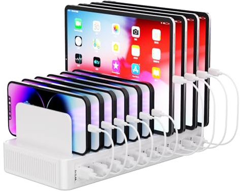 60W Charging Station for Multiple Devices, 10-Port USB Fast Charging Station with Adjustable Dividers - Device Organizer Charging Dock for iPhone, Android, iPad, Tablets & More