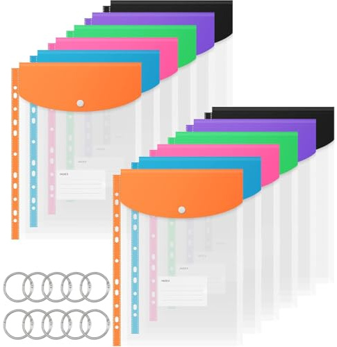 DIFLAX 12 Piezas Fundas Plástico A4, Bolsillos Perforados Transparentes, Carpetas A4, Portafolios A4, Perforadas A4 para Organizar Documentos con Botón de Presión y Tasca para Etiquetas