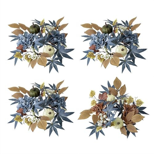 Anillos de vela de calabaza y hojas de arce, coronas de 7.6 cm en el centro de pip Berry Dalia, coronas pequeñas para centros de mesa, mantel y decoración de temporada del hogar (azul, 4 piezas)