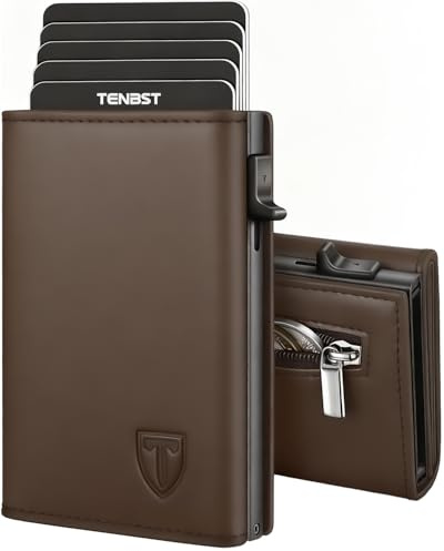 TENBST Carteras para Hombre - Ultrafina Cartera Hombre con Monedero y protección RFID, Tarjetero pequeño Premium, Billeteras para de Lujo para 10 Tarjetas de crédito (Cuero Genuino & Marrón)