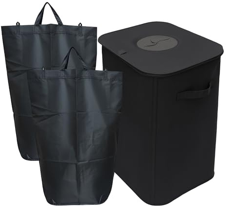 Relaxdays Contenitore per Bottiglie vuote, 100 L, 2 sacche, abbinabile, riciclabile, Raccoglitore di flaconi, Nero, Poliestere, Plastica, 70 x 43 x 33 cm