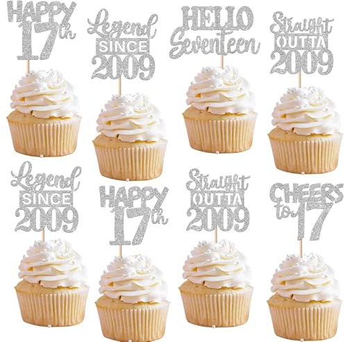 30 Pack Happy 17th Birthday Cupcake Toppers Glitter Seventeen Years Old Cupcake Picks for Cheers to 17 Years Wedding Anniversary Party Decoration Supplies