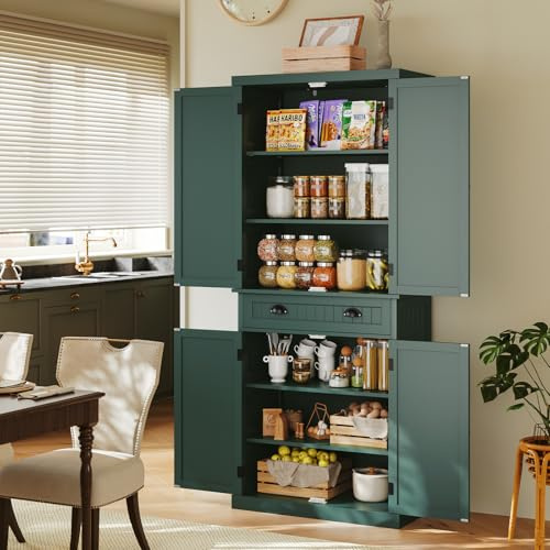 HOLTICO Küchenschrank, Hochschrank Küchenbuffet Buffetschrank, Esszimmerschrank, Vorratsschrank mit Türen und Regalen für Esszimmer, küche, Wohnzimmer, Waschküche,Grün