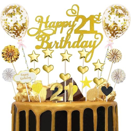 Happy Birthday Cake Topper 21th, 20 Pieces Cake Decoration Gold Decoration 21th Birthday,21th Cake Topper with Birthday Candles, for 21th Birthday Decoration Cake Decoration