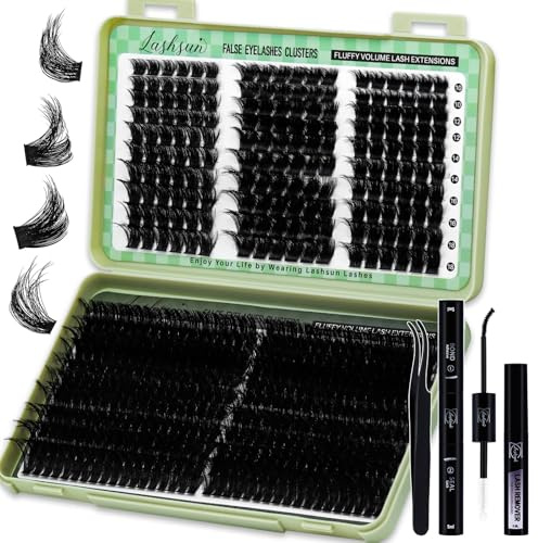 LASHSUN Lash Clusters Kit 540pcs D Curl mixed Length 10-22mm Wispy Cluster Lashes Kit Soft and Comfortable False Eyelashes Extension Kit, DIY Long Lasting Lashes At Home (WL+200D Kit)
