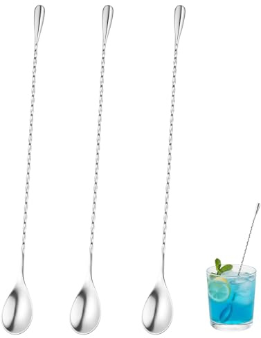 3 Stainless Steel Cocktail Stirrers, Bar Spoon Set for Mixing Drinks, Long Handled Spoon for Coffee and Cocktails, Durable Muddler and Stirrer Kit